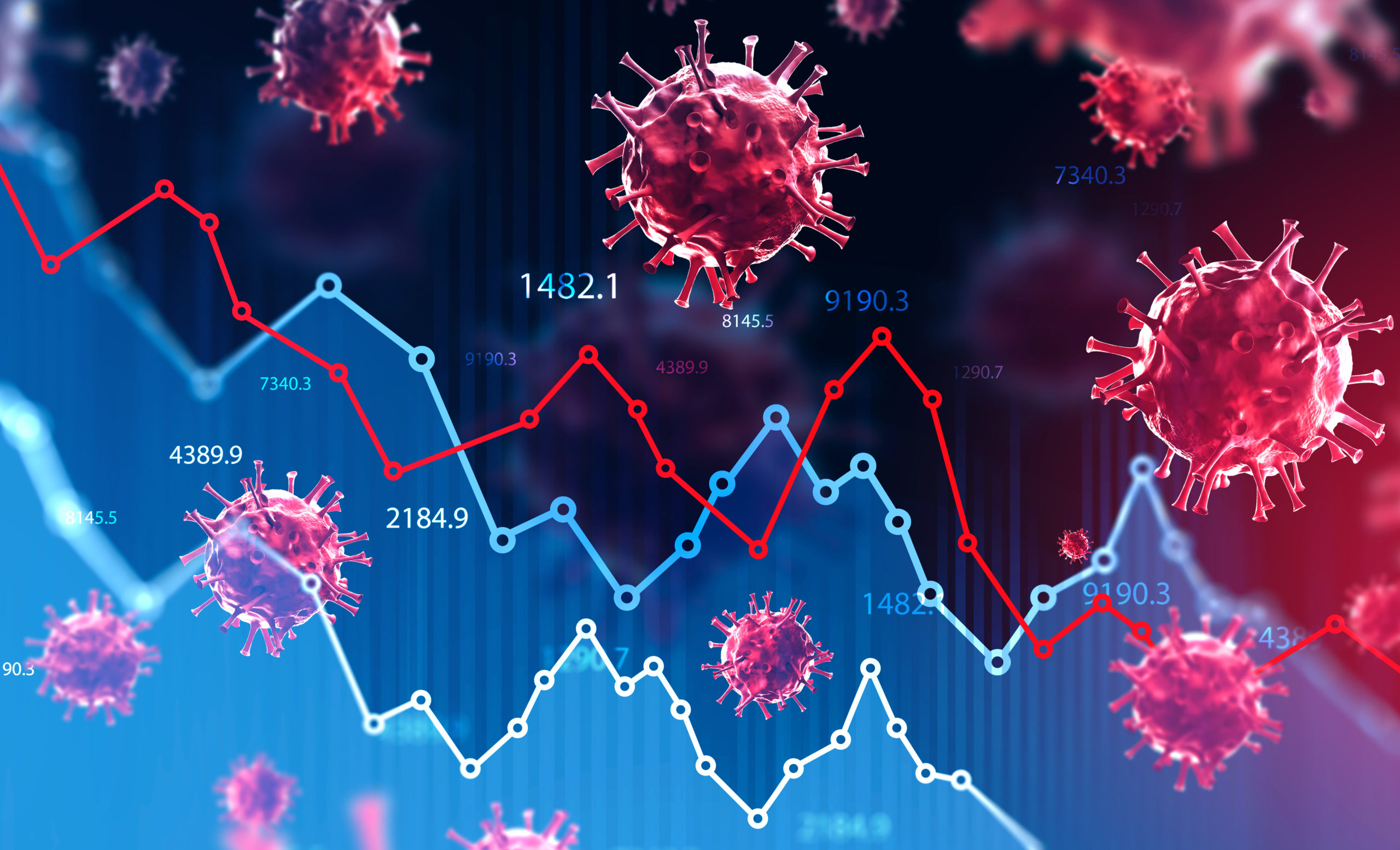 Ncov 2019 covid 19 coronavirus with double exposure of blurry falling financial graphs. Concept of financial crisis due to coronavirus pandemic. 3d rendering